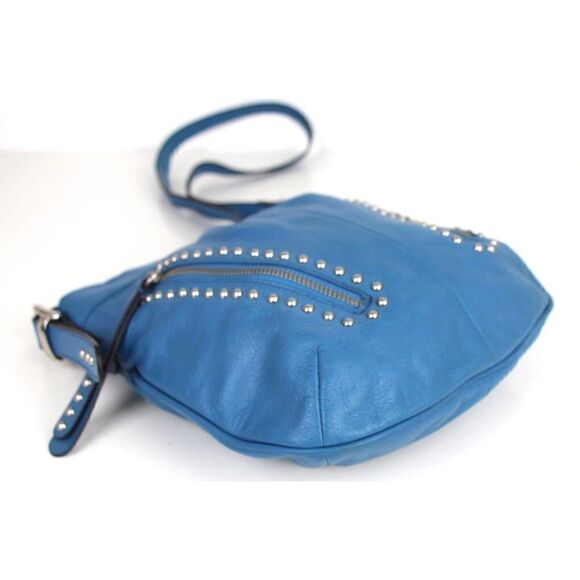 B.Makowsky BLUE GENUINE LEATHER STUDDED ZIP POCKET CROSSBODY SHOULDER BAG PURSE - Picture 8 of 16